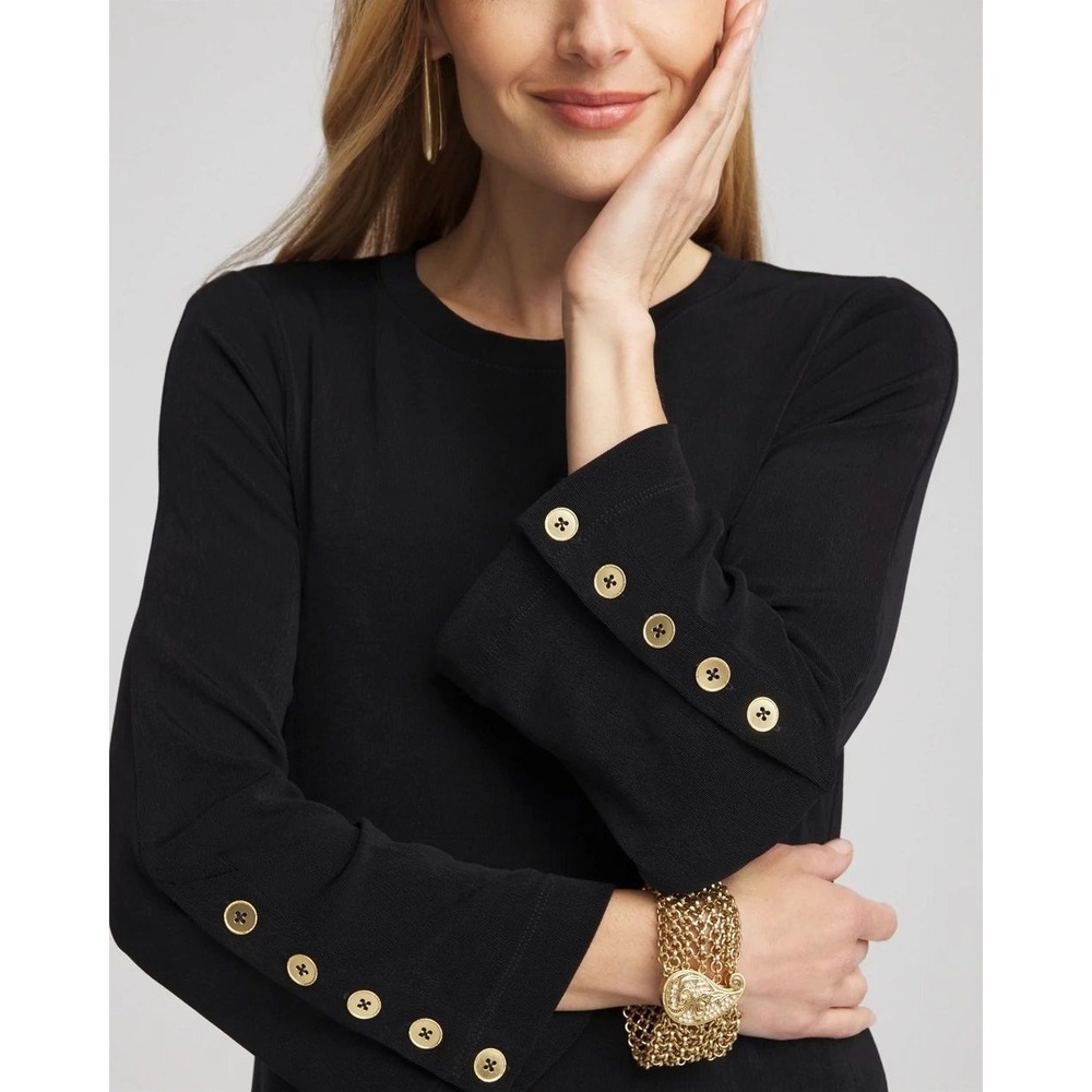 Chico's Travelers button bell sleeve top women M black knit minimalist office